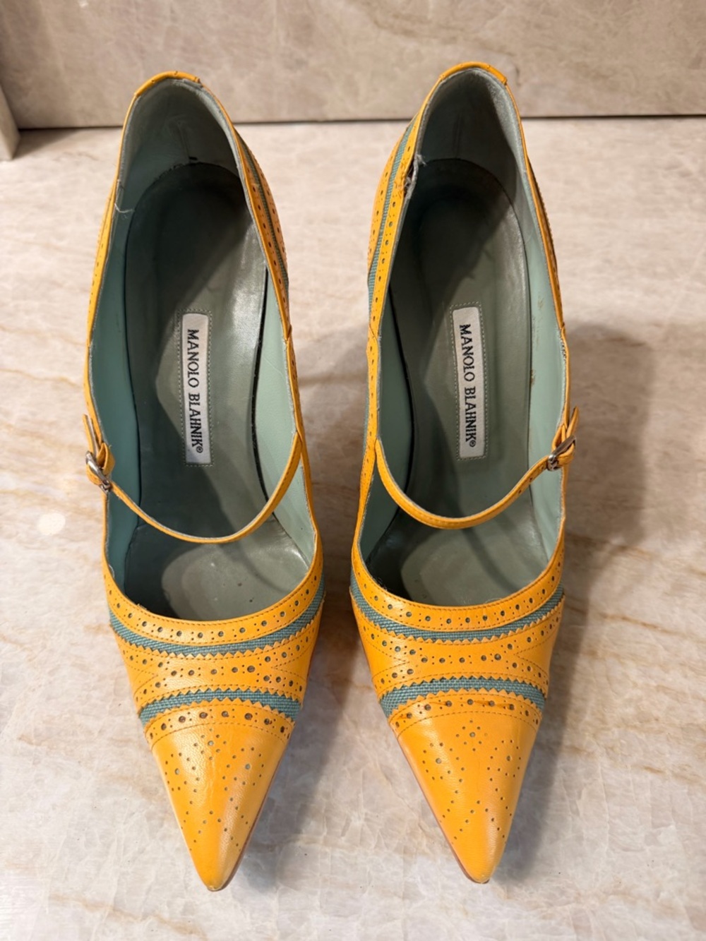 Manolo Blahnik Yellow Pointed Mary-Jane Pumps with Blue Trim